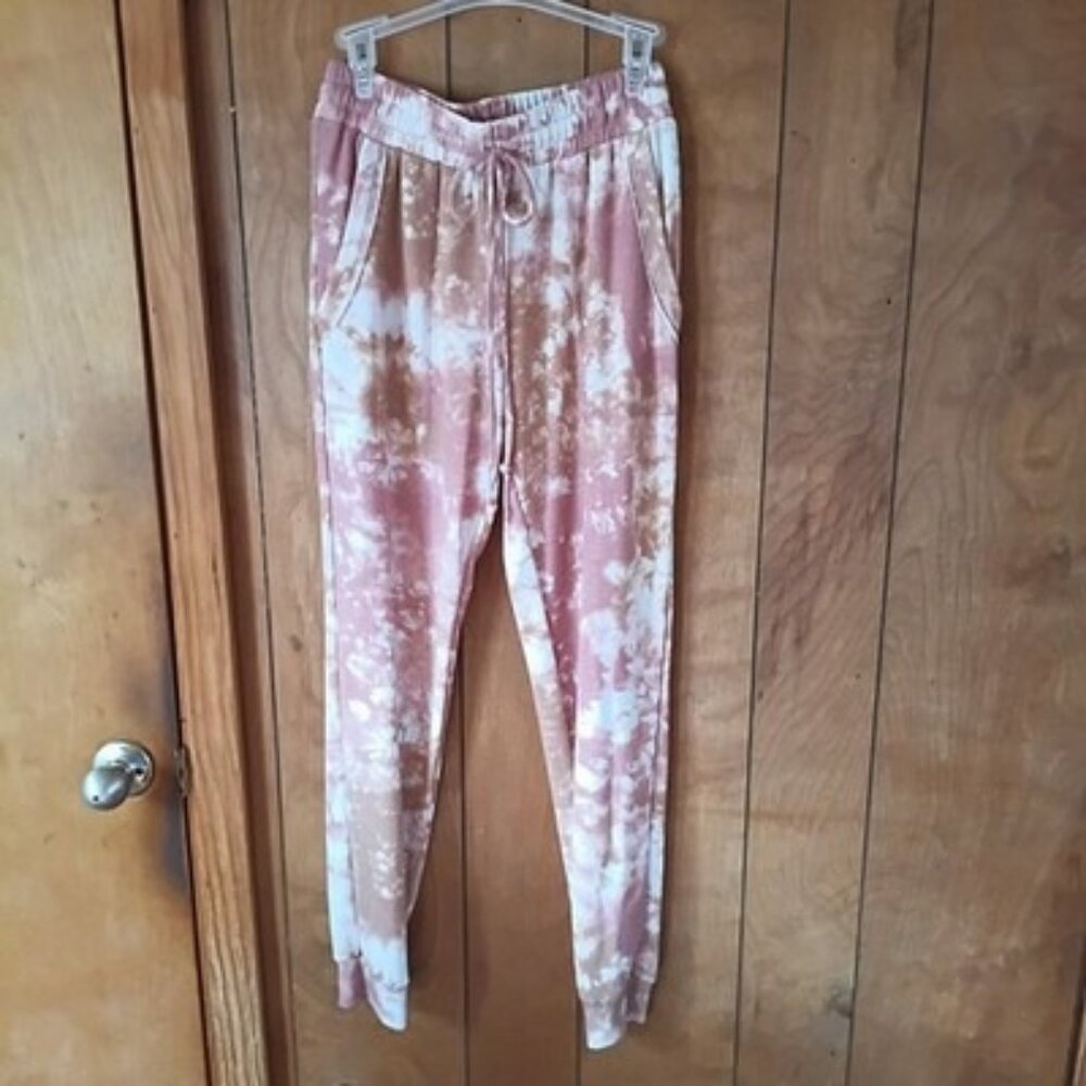 First Love Pink White Tie Dye Jogger Sweatpants Women’s Small Elastic Waist Draw